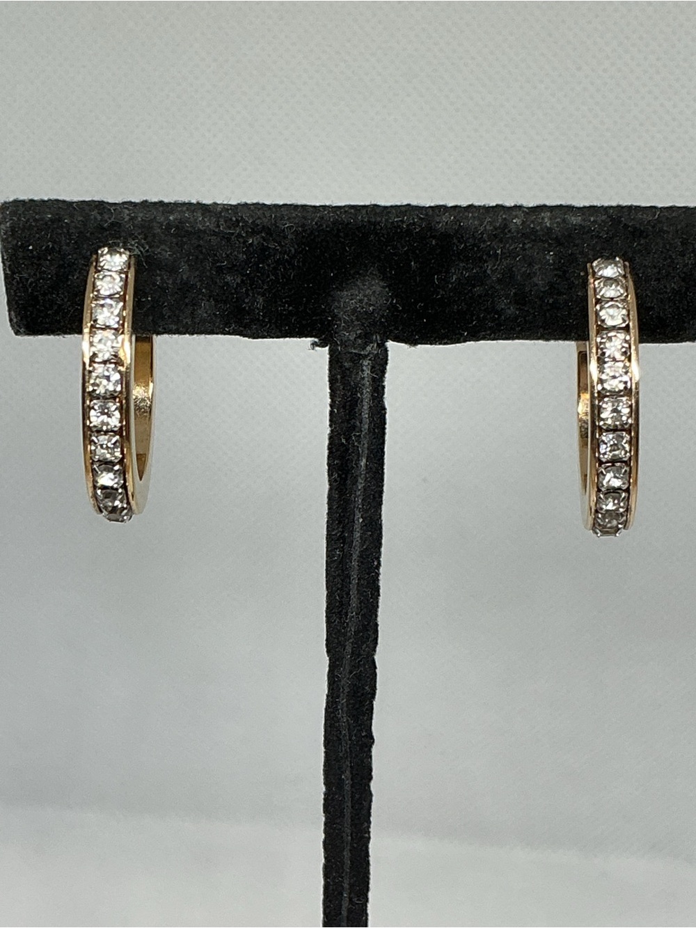Vintage Gold Tone Channel Set Clear Rhinestone Half Hoop Earrings, Pierced